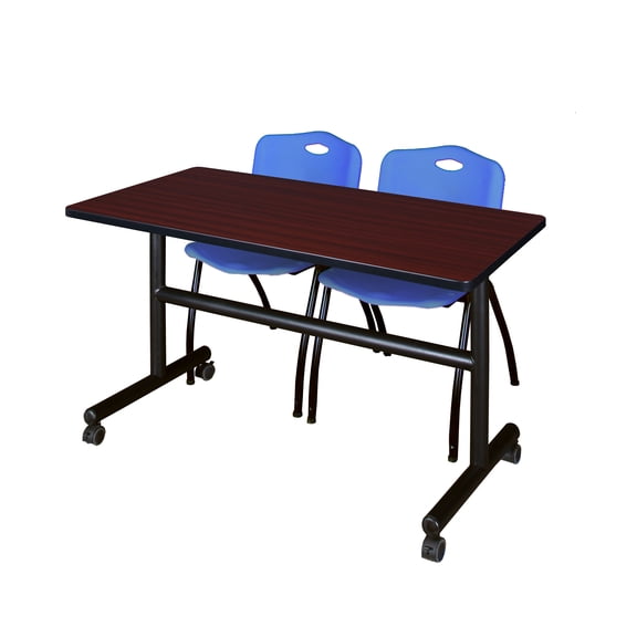 Regency Kobe 48 x 30 in. Flip-Top Training Nesting Table- Mahogany, 2 M Stack Chairs- Blue