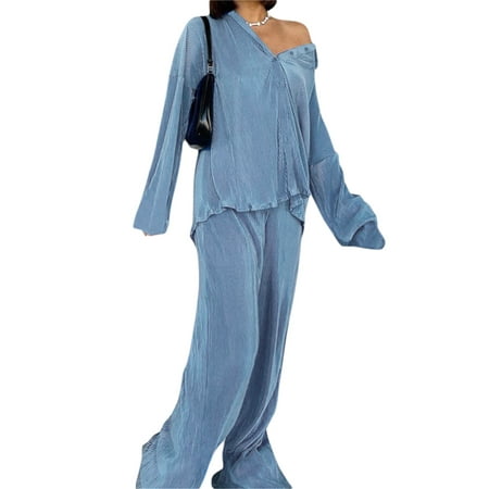 

Eyicmarn Women Two-Piece Pajamas Suit Solid Color Turn-Down Collar Button-Down Long Sleeve Tops + Elastic Waist Long Pants