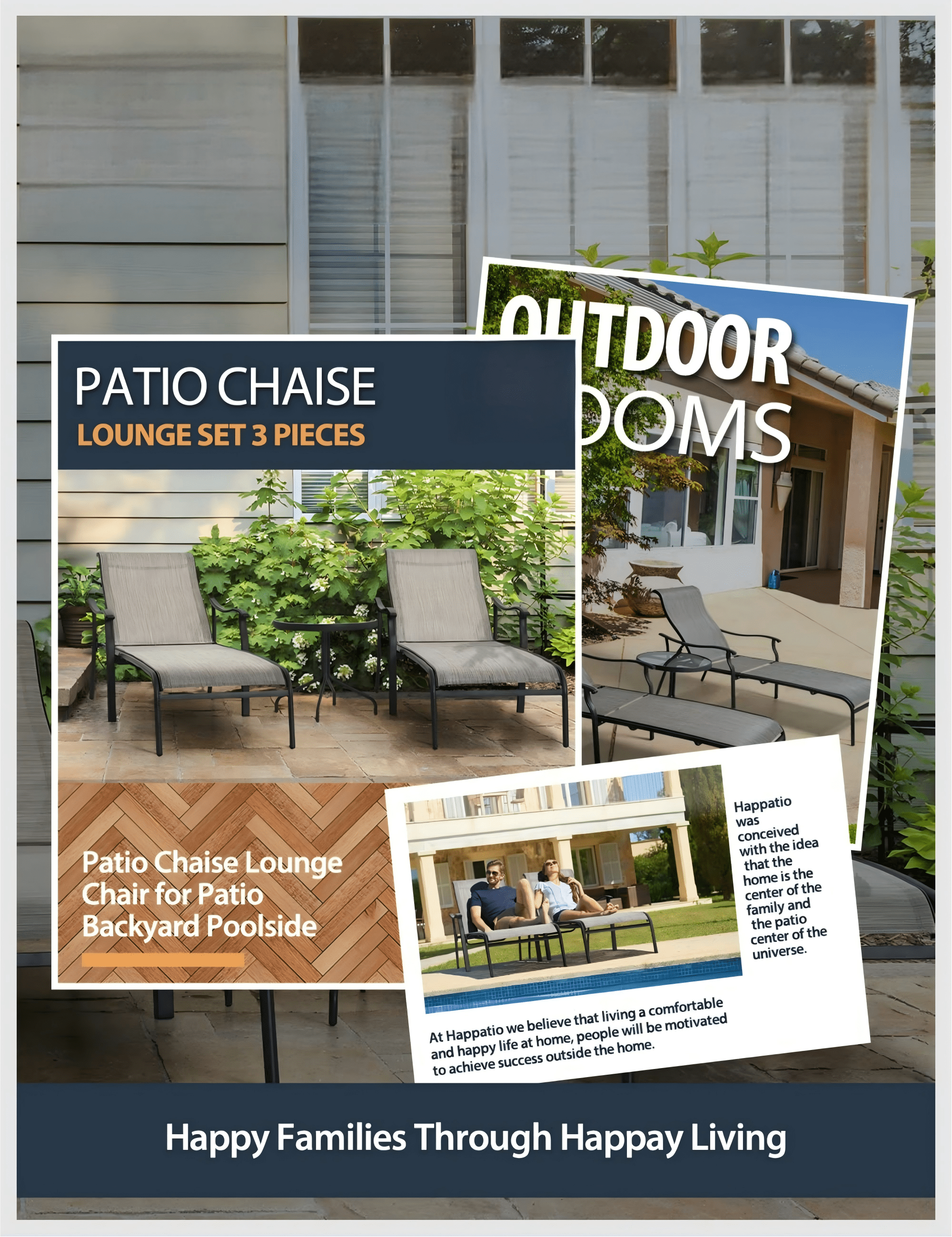 Patio Chaise Lounge Set 3 Piece Outdoor Lounge Chairs with Table Adjustable Pool Lounge Chair Textilene Fabric for Patio Backyard Poolside, Gray