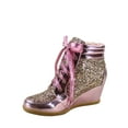 thumbnail image 2 of Peggy-44 Women's Glitter Metallic Lace Up Low Top Low Wedge Fashion Sneaker Shoes ( Pink, 7.5), 2 of 3