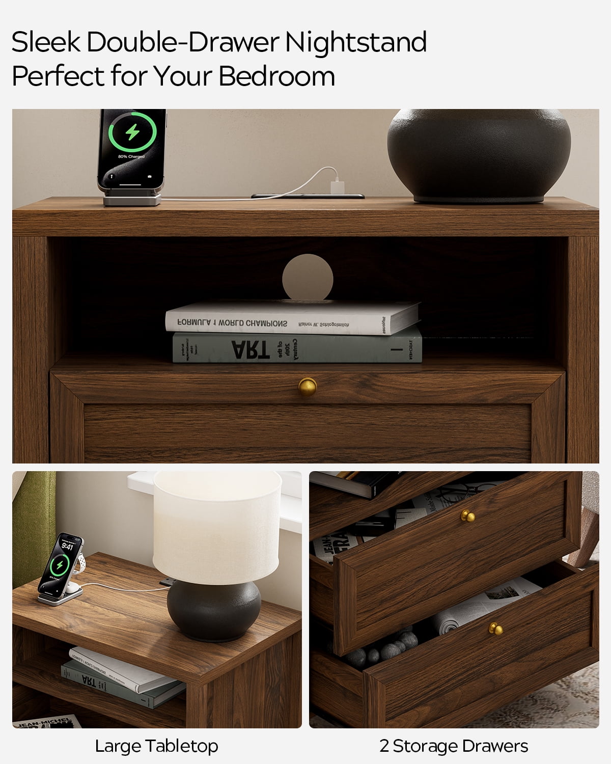 EYYTHUNG Modern Nightstands with 2 Drawers Wooden End Table with Charging Station Farmhouse Night Stand Bedside Side Table with Storage Open Shelf, Brown
