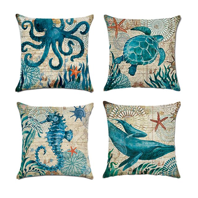 4 piezas Funda de cojín con patrones de animales marinos Funda de almohada estampada con pulpo, caballo y tortuga marina para sofá cama