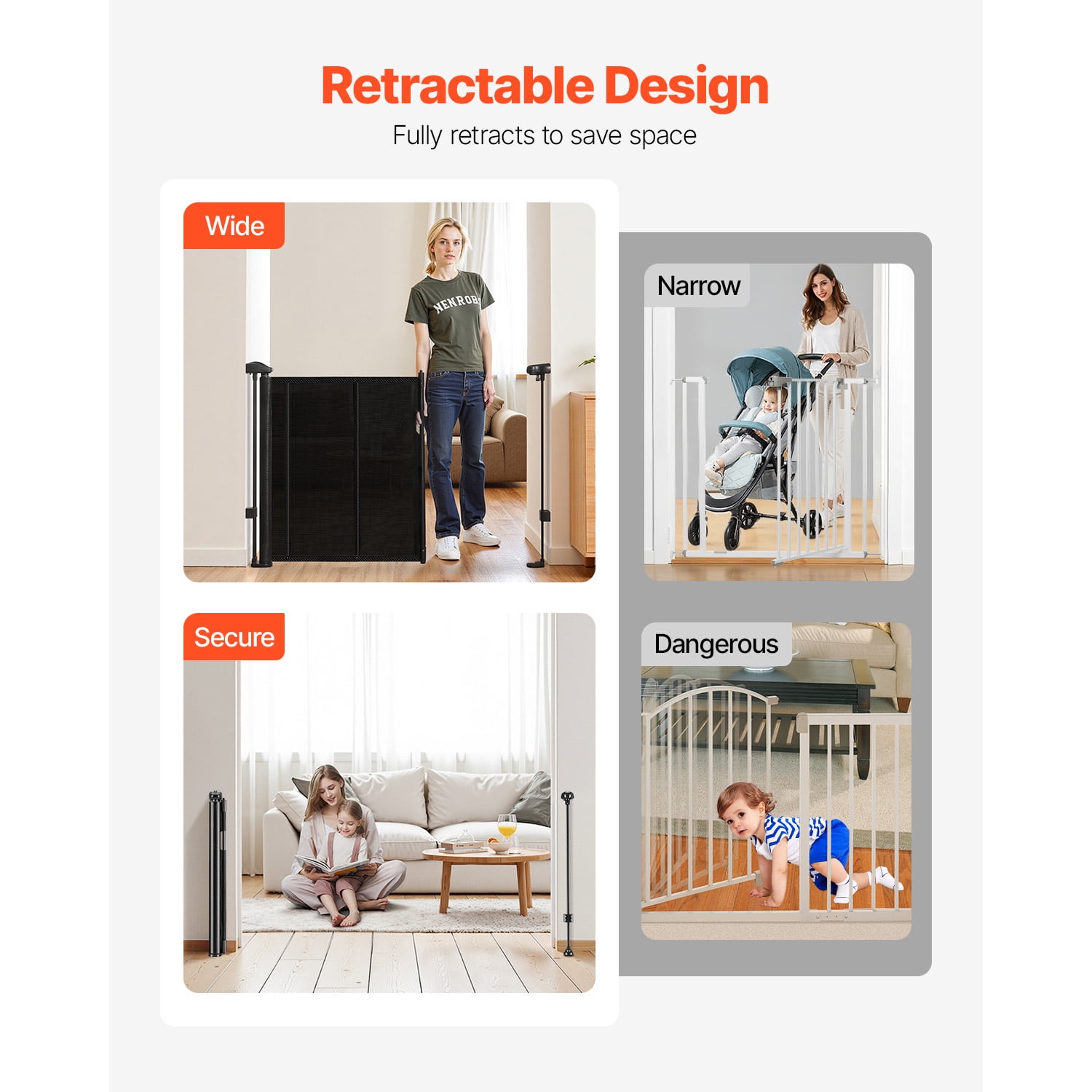 KFFKFF Retractable Baby Gate, 34 inches High, Expands up to 55 inches Wide, Mesh Barrier for Children or Pets, Simple Installation for Stairs, Doorways, Hallways, and Play Areas, Black