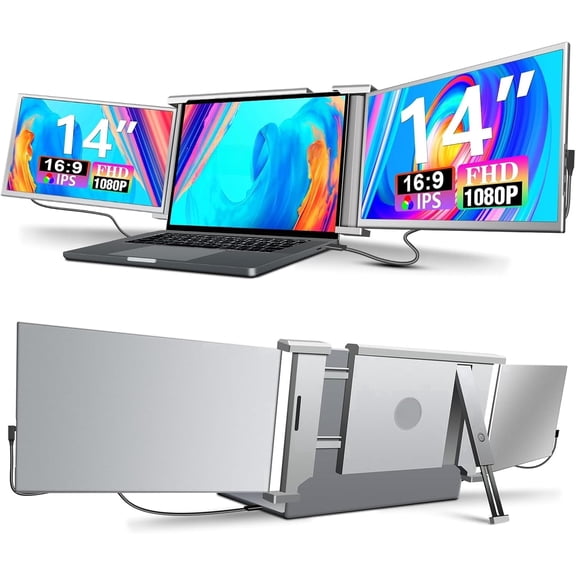 14" portable monitor Laptop Screen Extender, Tri-Screen Portable Monitor with two 14 inch screens IPS FHD 1080P HDR MiniHDMI USB-C USB-A Eye Care dual speakers for PC Phone PS4 Xbox Mac