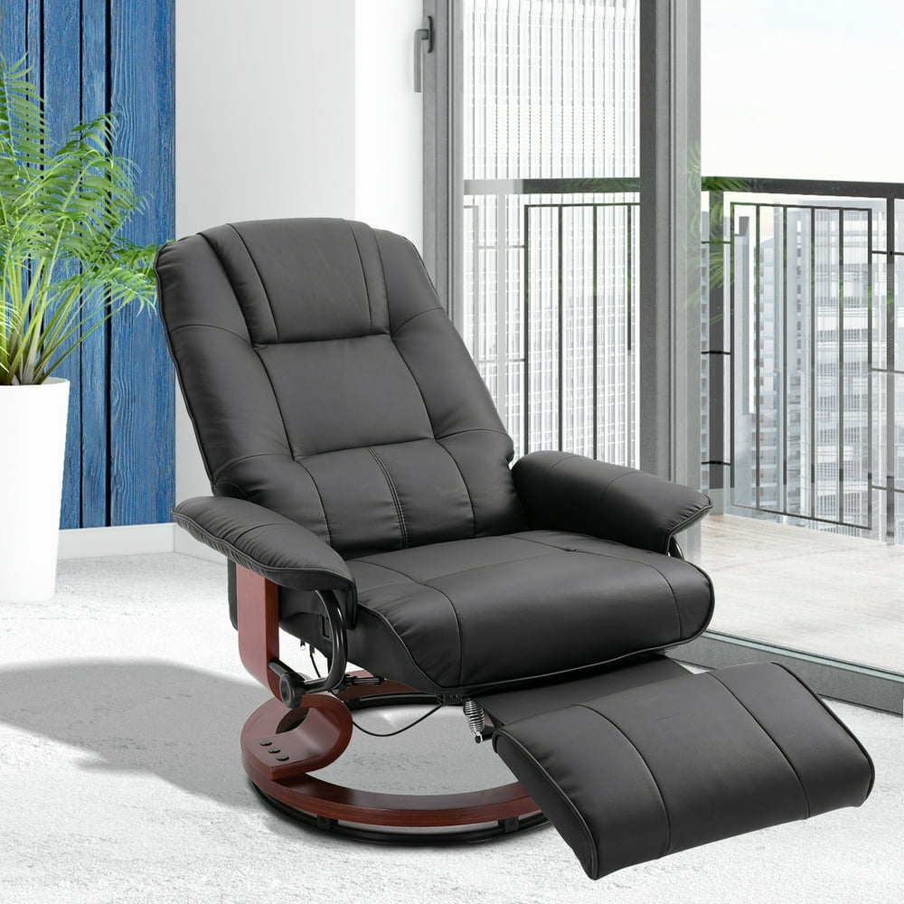 Faux Leather Adjustable Manual Traditional Swivel Base Recliner Chair with Footrest - Black 