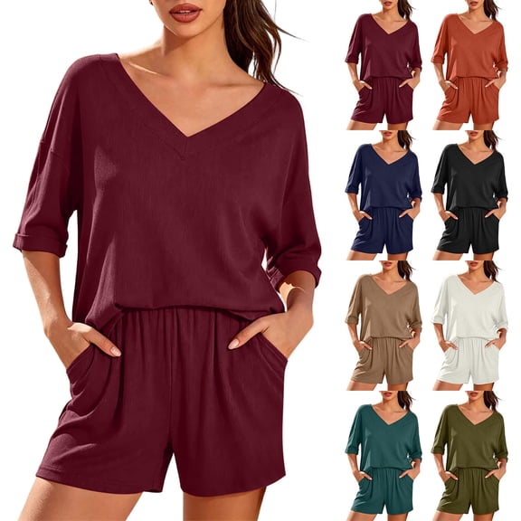Zynoxe Womens 2 Piece Outfits Fashion V Neck Short Sleeve Top Elastic Waist Shorts Set Lightweight Breathable Summer Sets Versatile Casual Loose Solid Color Casual Loungewear with Pockets S