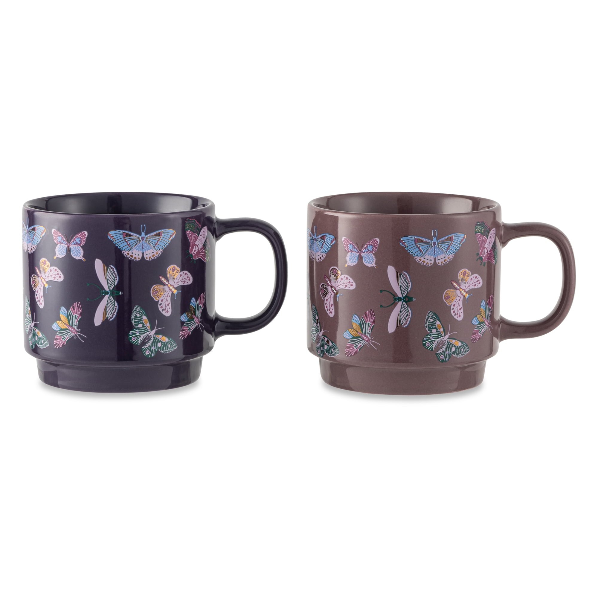 Thyme & Table 2 Pack Stacking Butterfly Purple Mugs 14.2 fl oz, Stoneware