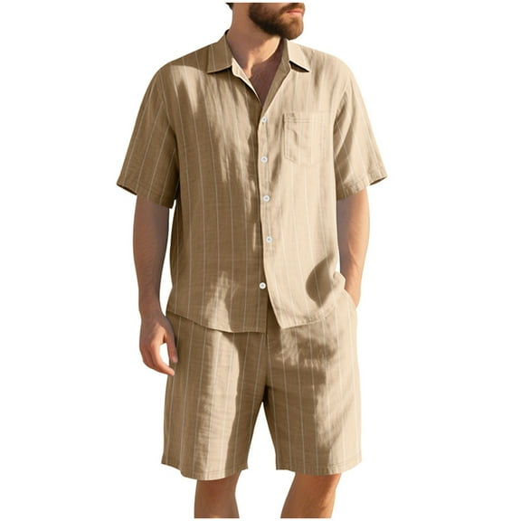 Rvwovn Men's Striped Shirt and Shorts Matching Set Lightweight Cotton Linen Blend for Casual Summer