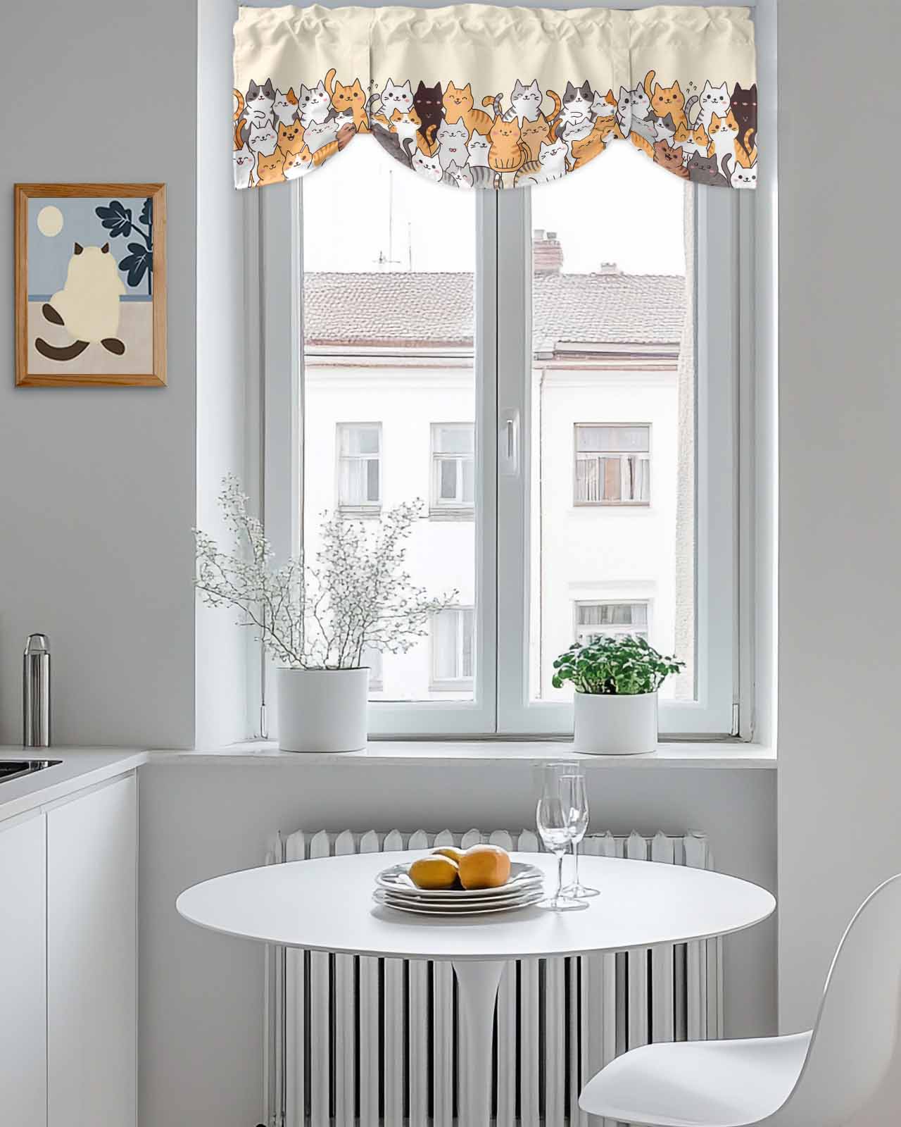 Cartoon Cat Tie Up Valances Curtain, Adjustable Kitchen Cute Kitten Valances for Windows Decor, Rod Pocket Short Curtains Set for Bedroom/Bathroom, 60"x18"