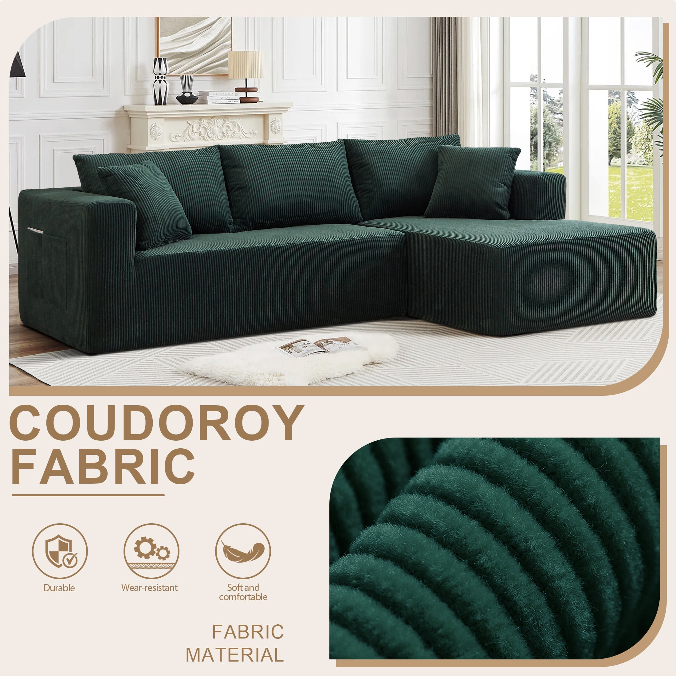 AENKYO 104'' Modular L-Shape Sectional Sofa with Chaise, Comfy Deep-Seat Cloud-Couch, Corduroy - Green