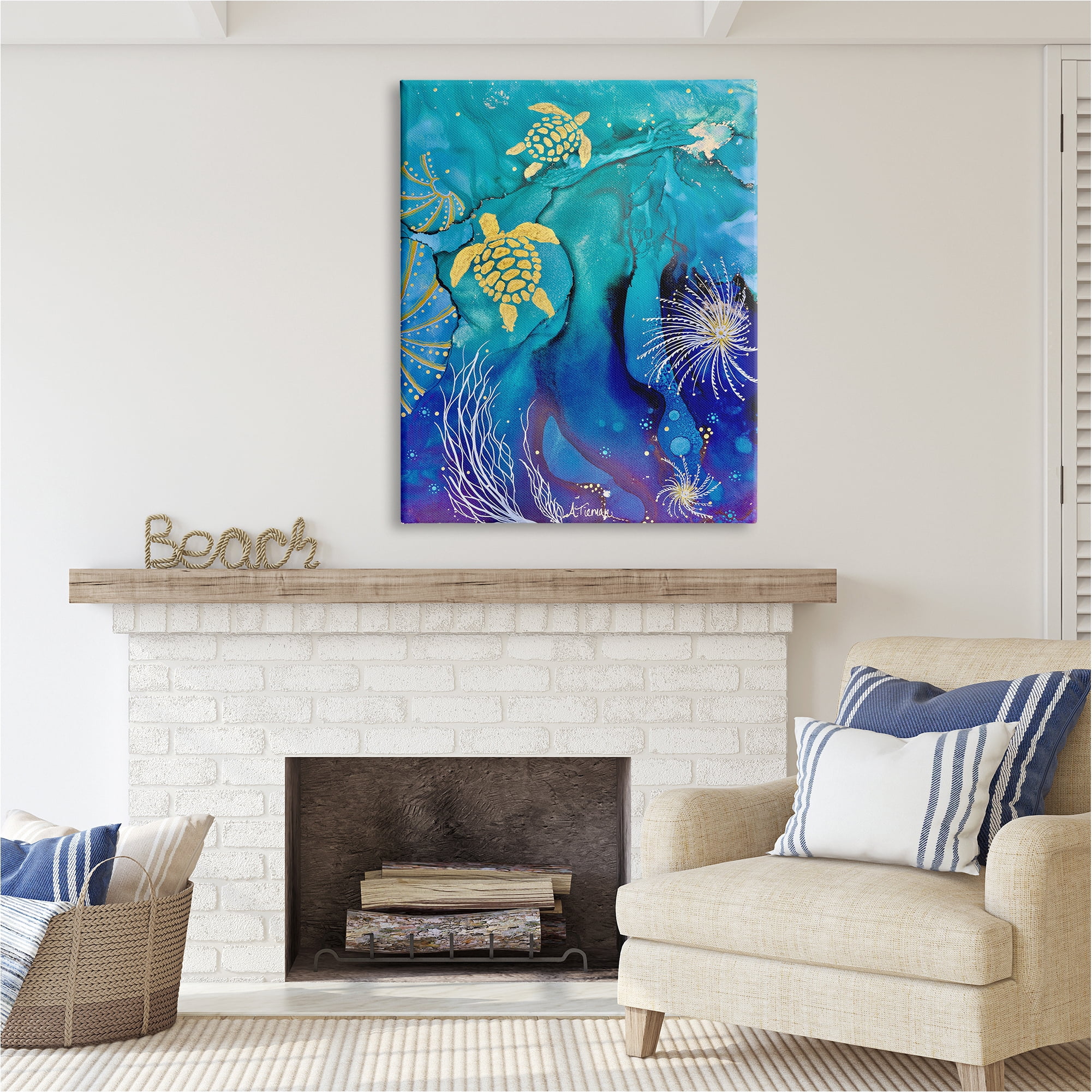 Stupell Industries Abstract Blue Sea Turtles Abstract Painting Gallery Wrapped Canvas Art Print Wall Art, 36 x 48