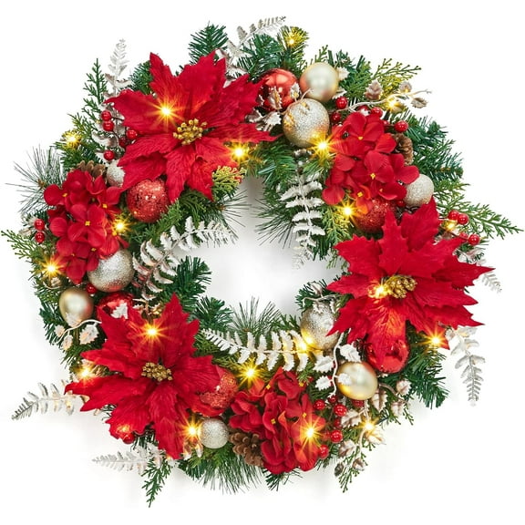 Prelit Christmas Wreaths for Front Door 24 Inch Holiday Wreath with Red Flower,  Red Berries, Greenery Christmas Door Wreath Indoor Outdoor