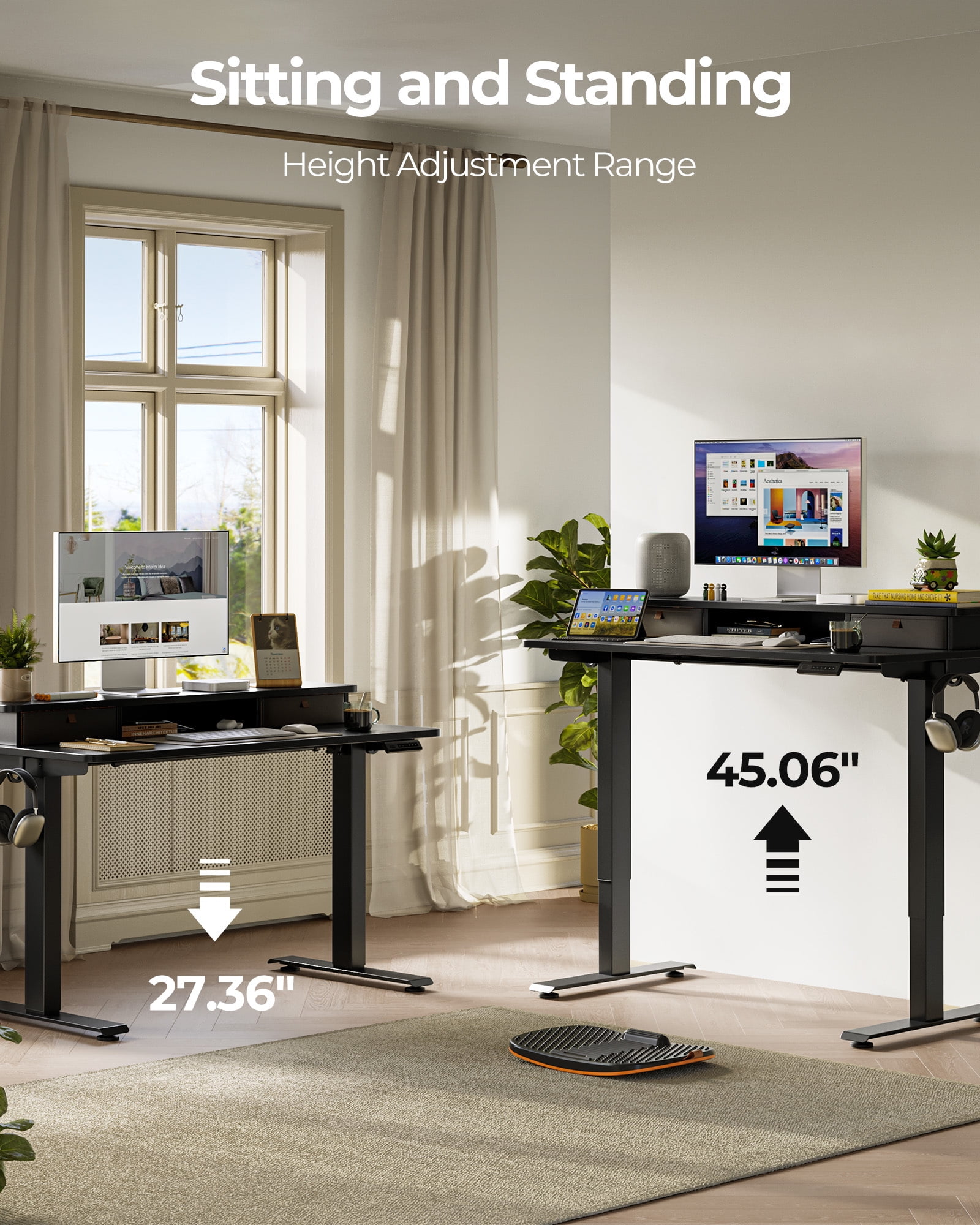 DESINO 63" x 28" Height Adjustable Electric Standing Desk with Double Drawers, Stand Up Desk with Storage Shelf, Home Office Desk Workstation with Splice Board, Black