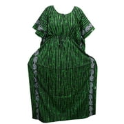 Mogul Women's Maxi Kaftan Cotton Green Black Printed Kimono Sleeves Caftan Dress  XXL