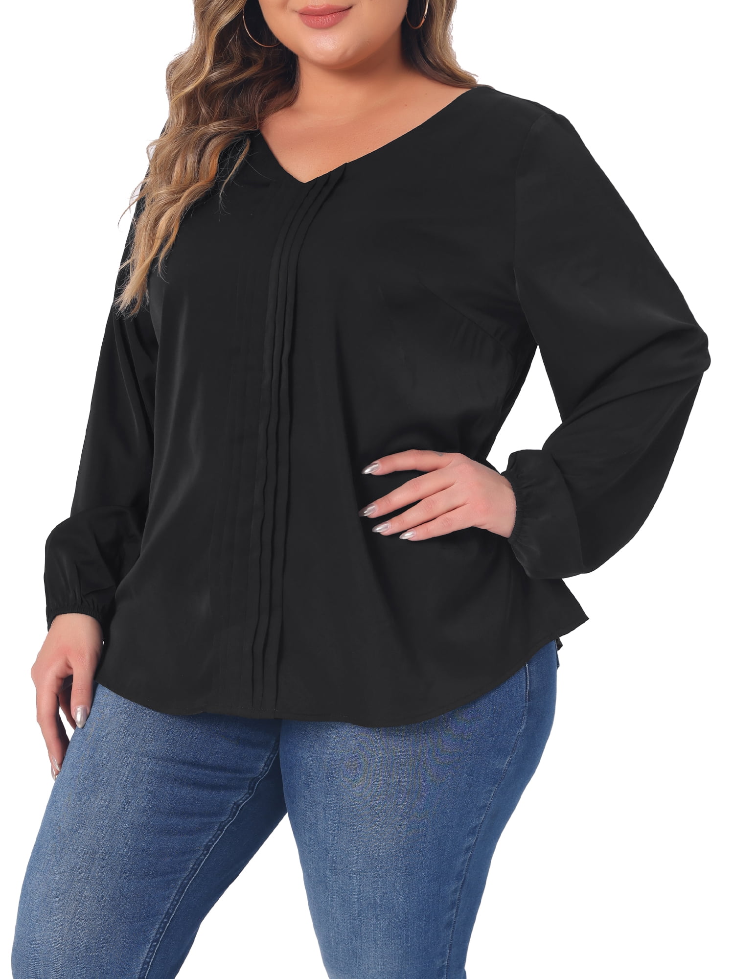 Unique Bargains Women's Plus Size Long Sleeve V Neck Chiffon Pleated Front Tops 4X Black