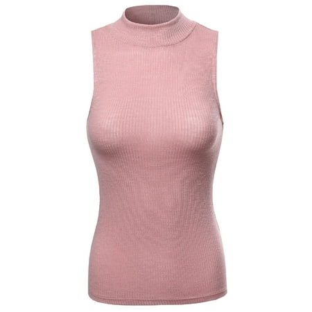 Sleeveless Mock Neck Pullover - FashionOutfit Women's Solid Stretch Ribbed Sleeveless Mock Turtle Neck Knit Top