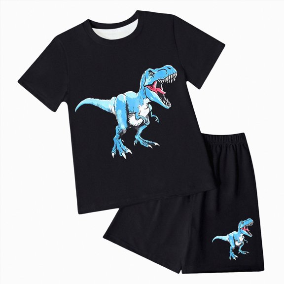 Kaprioy Toddler Boys Clothes Set Short Sleeve Cartoon Dinosaur Printed Tees Stretchy Shorts 2Pcs Summer Clothes Sets Cool Loose Fit Kids Outfit Sets Lovely Child'S Dailywewar Summer Set