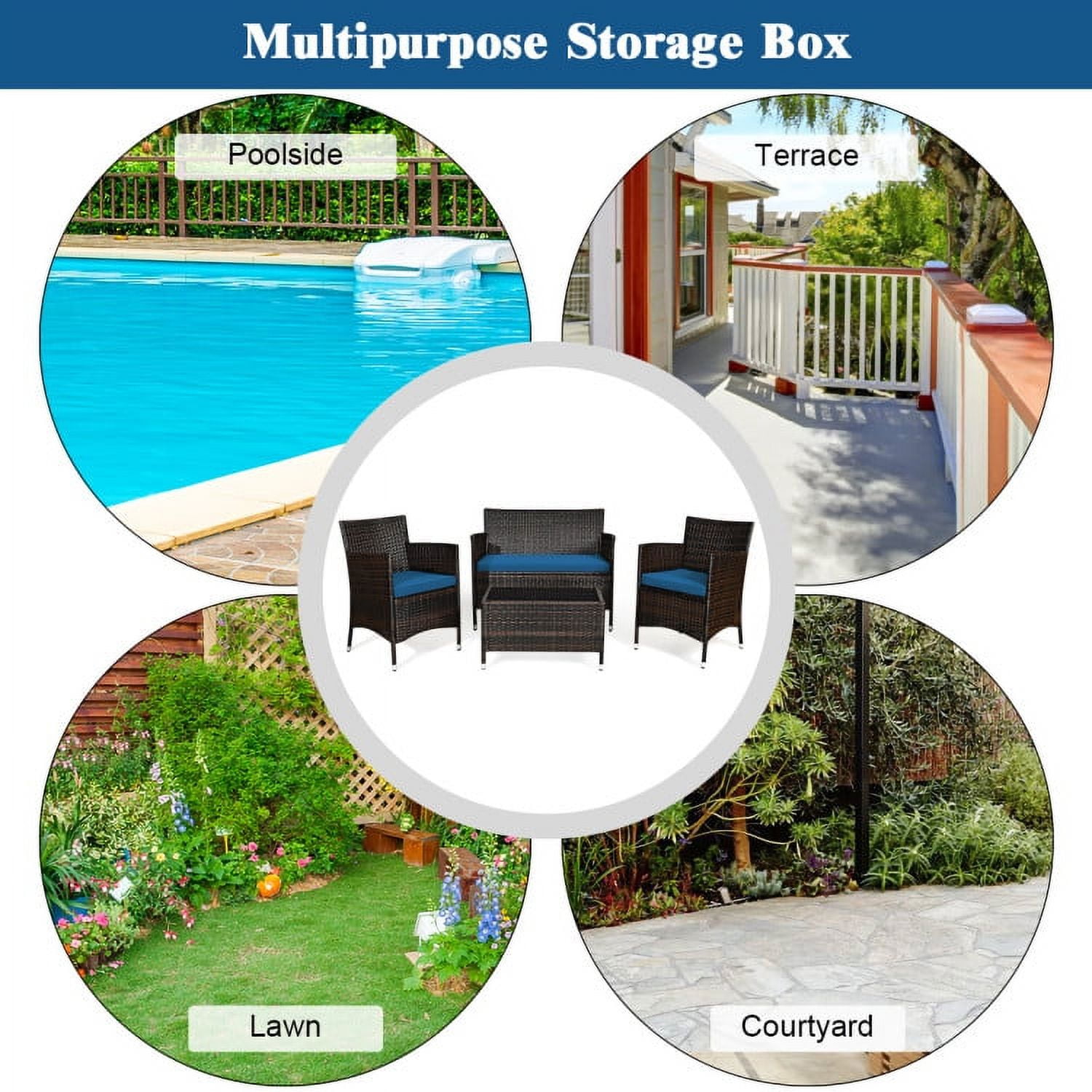 Aimee Lii 4 Pieces Patio Cushioned Wicker Conversation Set, Outdoor Sectional Set with with Glass Coffee Table, Peacock Blue