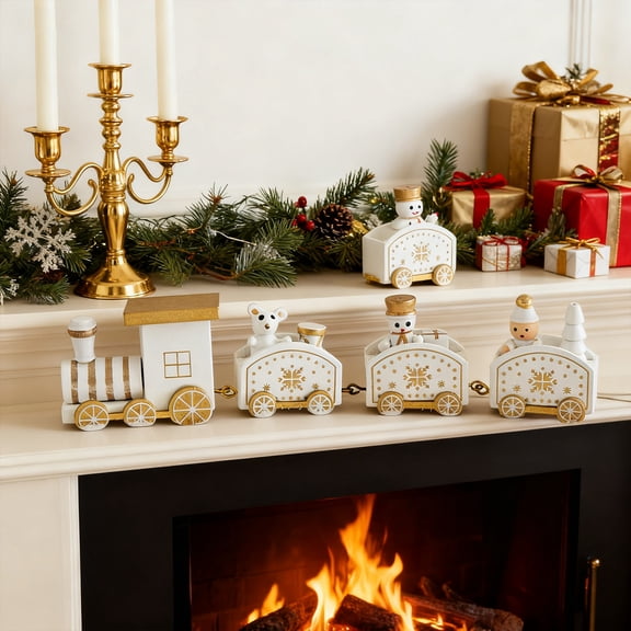 Gumesh Wooden Christmas Train Set for Tabletop, Handcrafted Locomotive with 3 Carriages, Natural Wood Holiday Decor for Home & Office Display, Ready-to-Gift