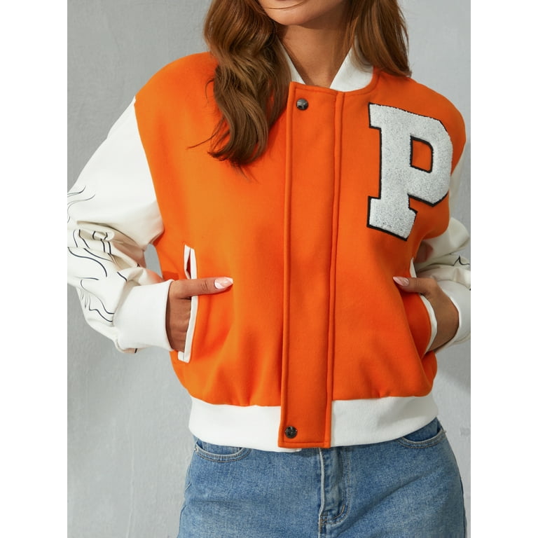 Sunisery Women Varsity Baseball Jackets Faux Leather Long Sleeve Zip Up  Cropped Bomber Jacket Coat Aesthetic Jackets Top Orange S 