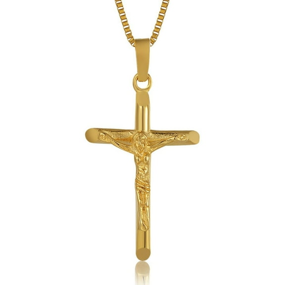 14K Yellow Gold Link Chain INRI Jesus Cross Crucifix Pendant&Necklaces Men Fashion Jewelry