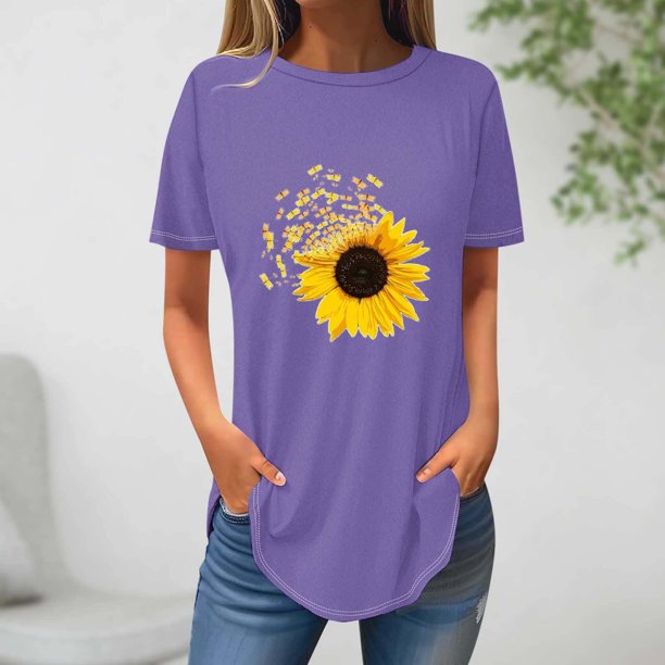Fiudx Camisas para Mujer Top Suelto con Cuello Redondo y Estampado de Girasoles a La Moda Informal de Verano para Mujer