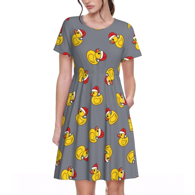 Easygdp Christmas hat duck para Vestido Transpirable de Mujer, Vestido Suelto de Manga Corta con Pliegues y Bolsillos para el Verano