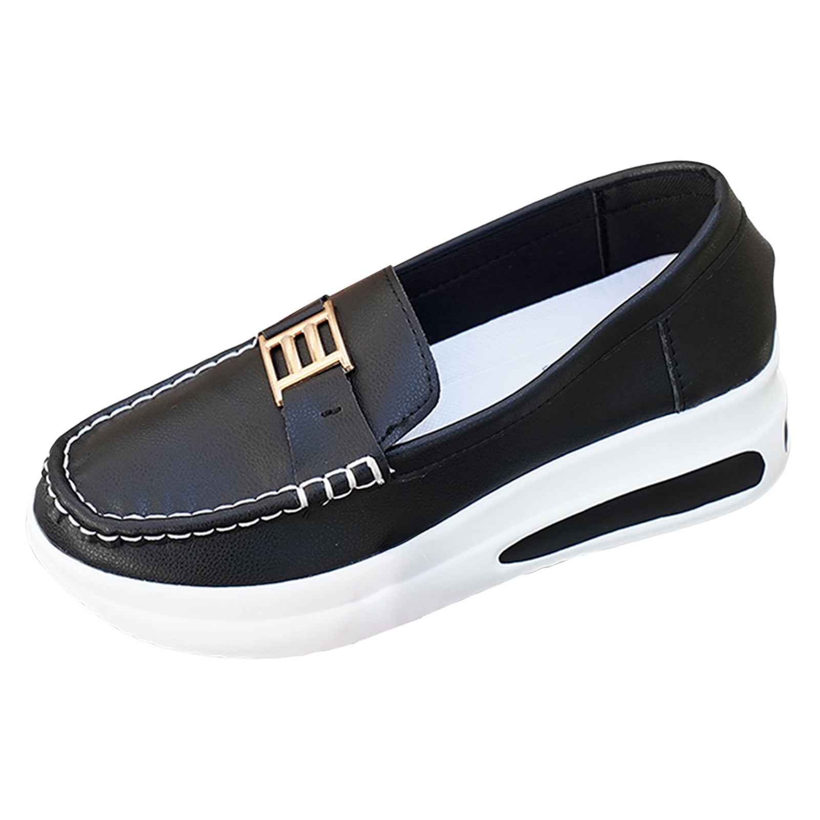 Rokment Women's Platform Wedge Walking Shoes Low Top Fashion Sneakers 2026 Spring Fall Leather Chunky High Heel Slip-on Nursing Work Loafers Black Size 8.5