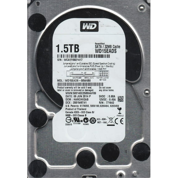 WD15EADS-00W4B0, DCM HARCHV2AB, Western Digital 1.5TB SATA 3.5 Hard Drive