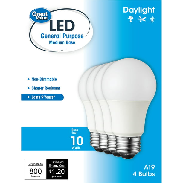 Great Value LED Light 10W Equivalent) A19 General Purpose Lamp Medium Base, Non-dimmable, Daylight, 4-Pack - Walmart.com