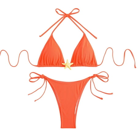 MGCWSH Bikini Sets for Women Halter Two Piece Swimsuit Ribbed High Cut Tie Side Thong Bathing Suit Sexy Padded Swimwear Orange S