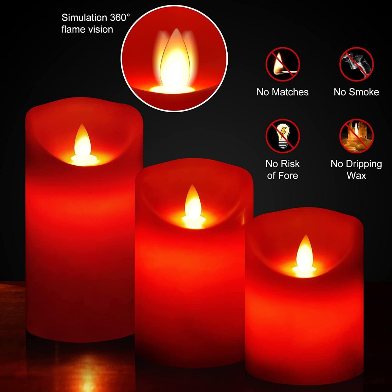 Flameless Battery Operated LED Candles with10key Button Remote Control 24-Hour Timer Set of 3 Electric Flickering Pillar Real Wax，Wedding, Party, Home Decoration (Red)