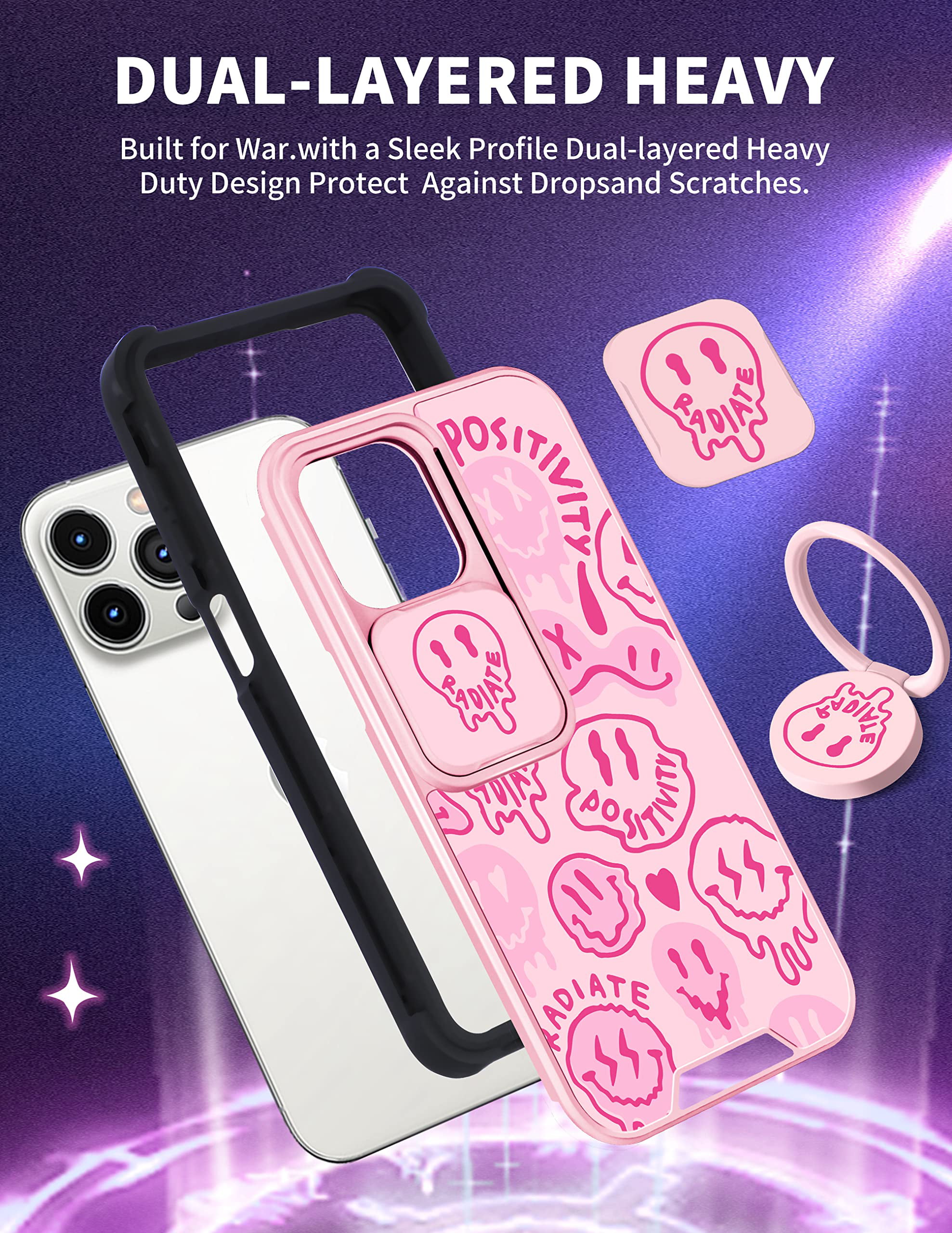 2in1 for iPhone 14 Pro Max Case for Women Girls Heart Cute Kawaii Pattern Phone  Cover Teens Girly Cool Unique Design with Slide Camera Cover+Ring Holder  Black Cases for 14 ProMax 6.7