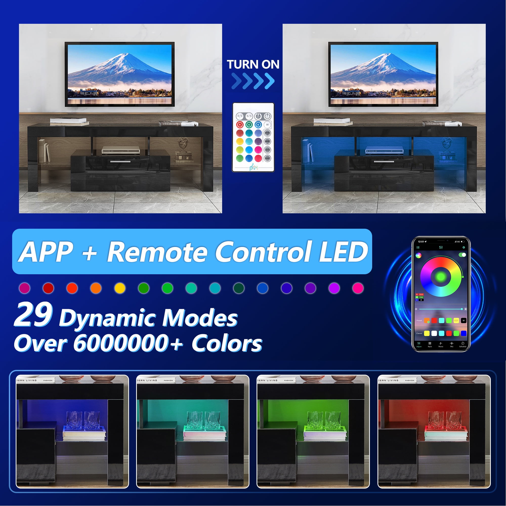UHOMEPRO TV Stand for TV up to 55", High Gloss Entertainment Center with RGB LED Lights and Storage Shelves, Black Media Console for Living Room