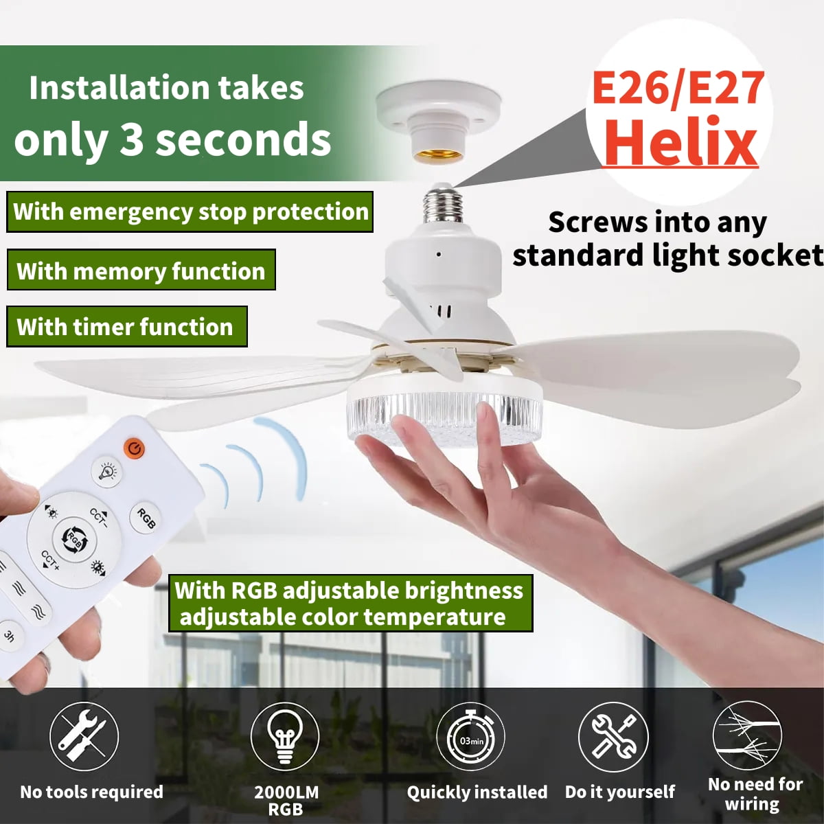 DnxnIaIfy Ceiling Fans with Light, Socket Screw with Remote Control 20.5”ABS Modern Crystal Fan Light, Multi-Color RGB Adjustable Brightness & Color Temperature with Emergency Stop Memory Timer,White
