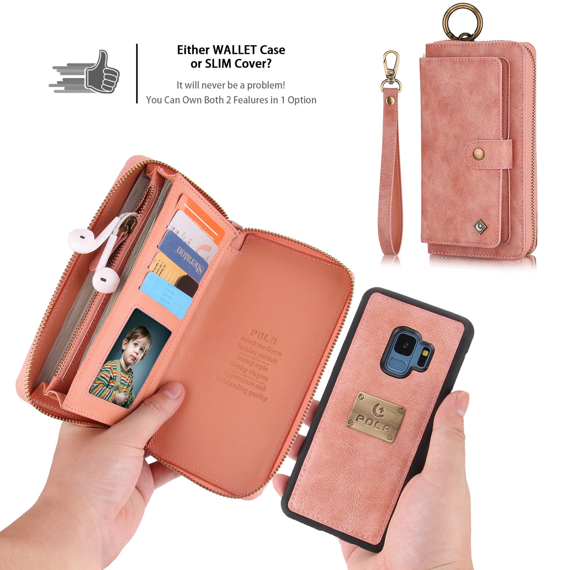 Galaxy S9 Wallet Detachable Case, Dteck [wrist band][14 Card Slots] Zipper Purse Phone Case Multi-functional Folio Flip PU Leather Removable Magnetic Back Cover For Samsung Galaxy S9,Pink