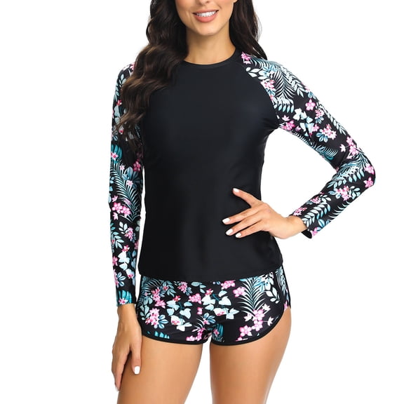 Yuanlook Long Sleeve Two Piece Swimsuit for Womens Rash Guard Comfy Swimwear Flower Printed Bathing Suit,Black,M