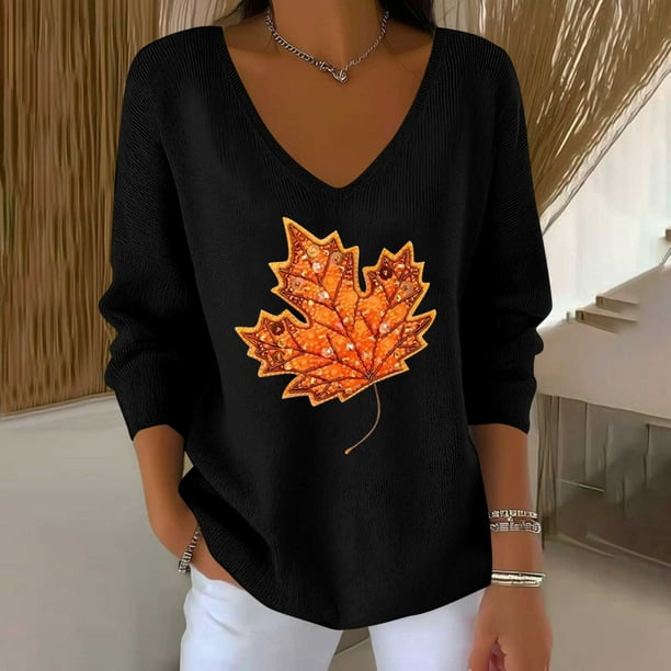 HongQid Fall Sweatshirts for Women Tops: Maple Leaf Crewneck Sweatshirt Casual Long Sleeve Pullover