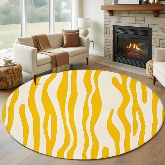 Round Rugs 5Ft, Yellow Round Area Rug Washable Indoor Throw Carpet, Stripes Modernism Abstract Geometric Soft Non Slip Circle Rug for Cabinet Bathroom Home Decor Aesthetic