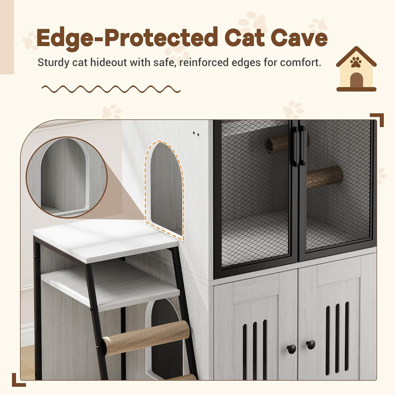 2-Tier Cat Litter Box Furniture - Enclosed Hidden Litter Box Cabinet with Doors, Storage Shelf & Step Ladder - Discrepet Cat Toilet Furniture for Home Decor, Large Size for Multiple Cats
