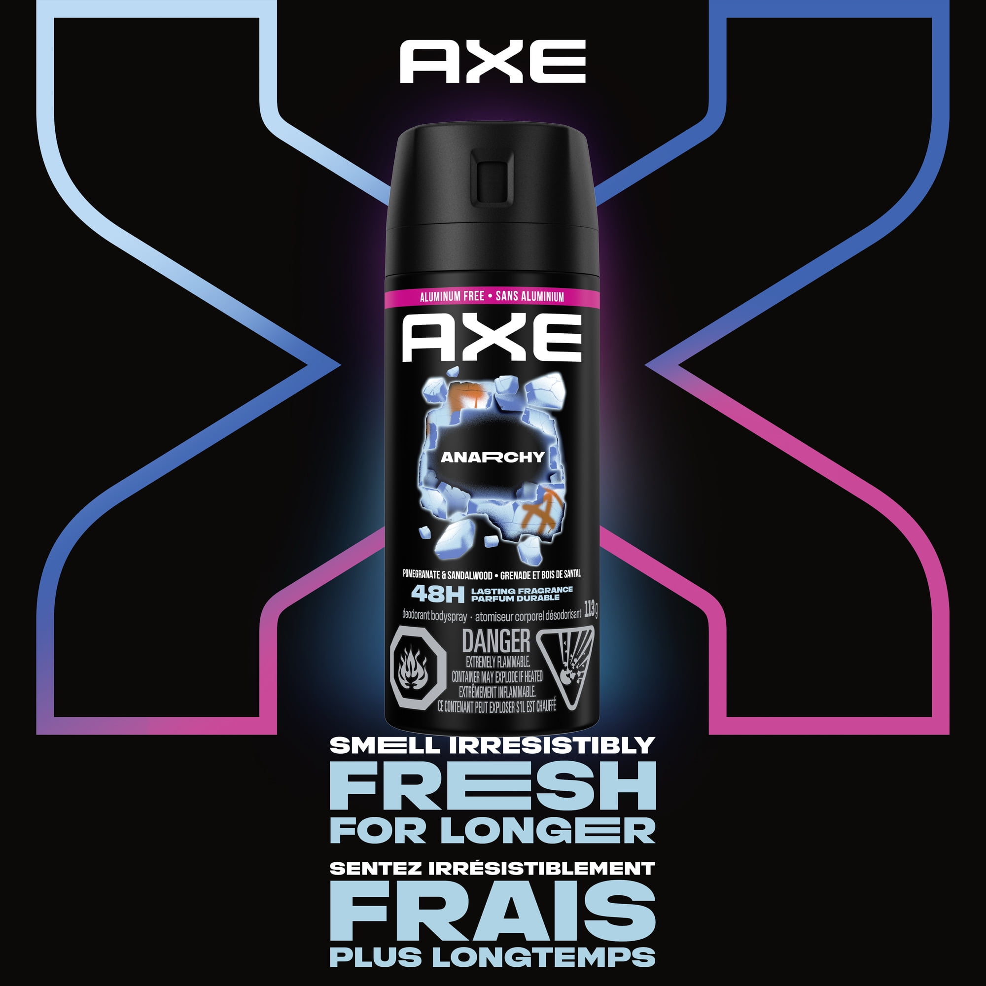 AXE Anarchy Atomiseur Corporel Désodorisant pour une protection contre les odeurs, Grenade et Bois de Santal, 113g