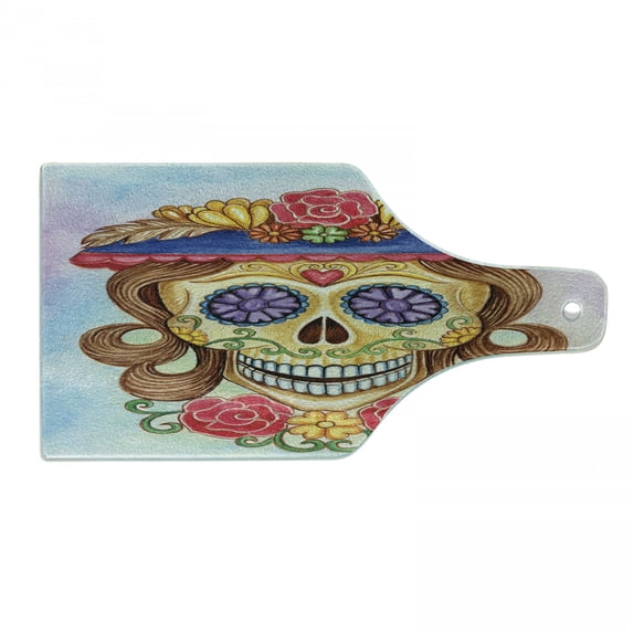 Day of the Dead Cutting Board, Lady Mommy Skull Head with Flower Hat Spanish and Mexican Art Print, Decorative Tempered Glass Cutting and Serving Board, Wine Bottle Shape, Multicolor, by Ambesonne