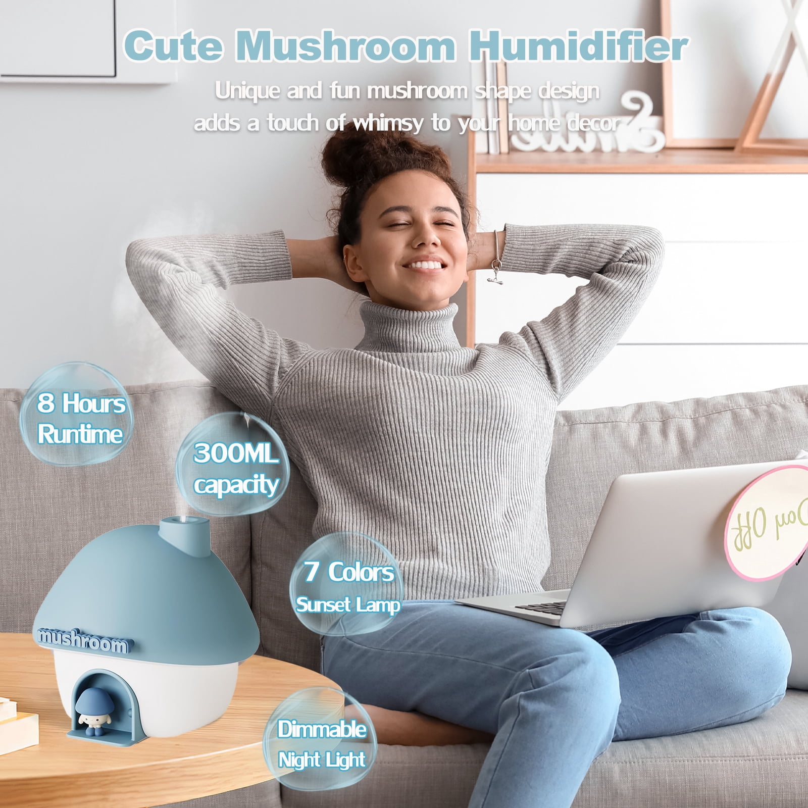 Humidifier for Bedroom, 300ML Cute Mushroom Humidifier with Night Light & 7 Colors Sunset Lamp Projection, Rechargeable Cool Mist Small Humidifier, Mini Humidifier Gifts for Kids Boys Girls