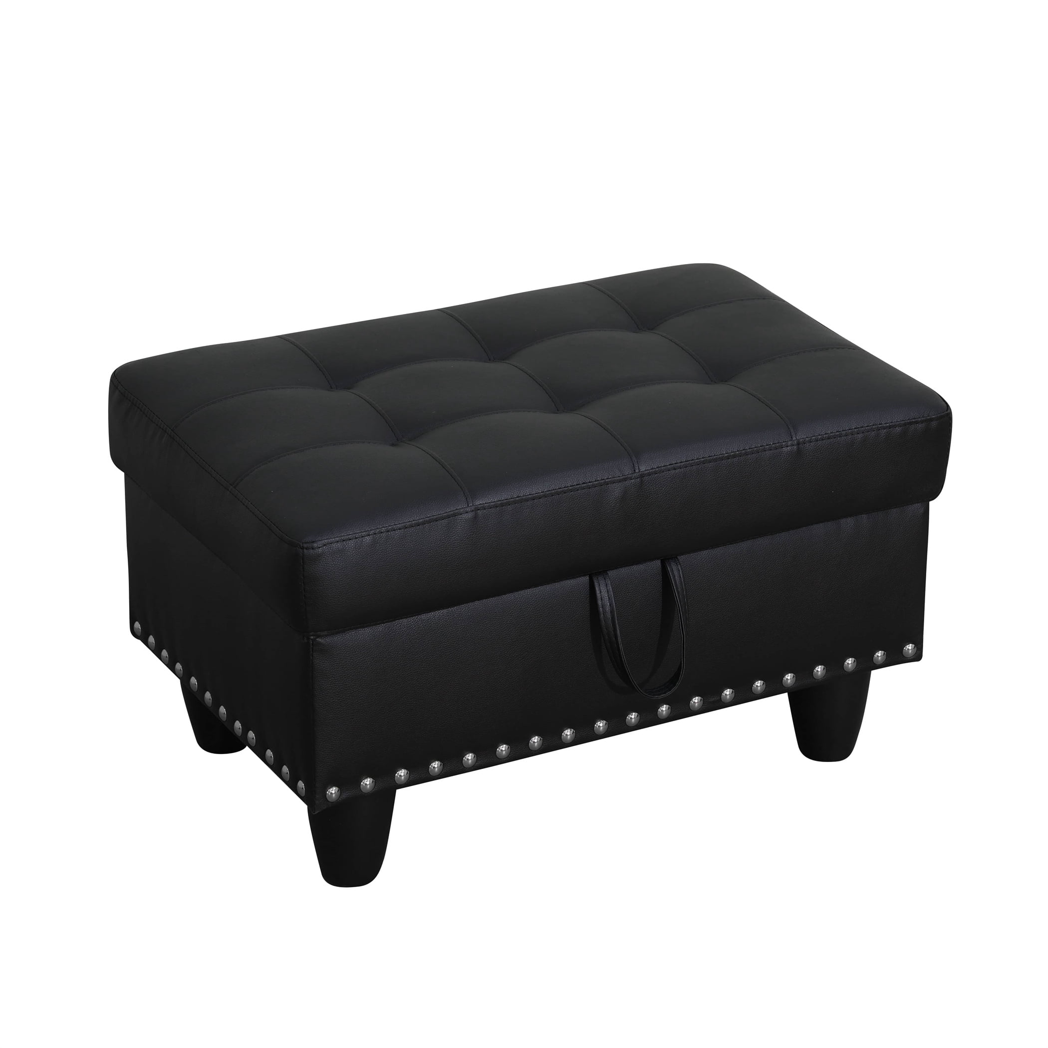 Aukfa 29" Storage Ottoman Bench for Sectional Sofa for Home Office, Nailhead Trim&Lift Top, Leather, Black