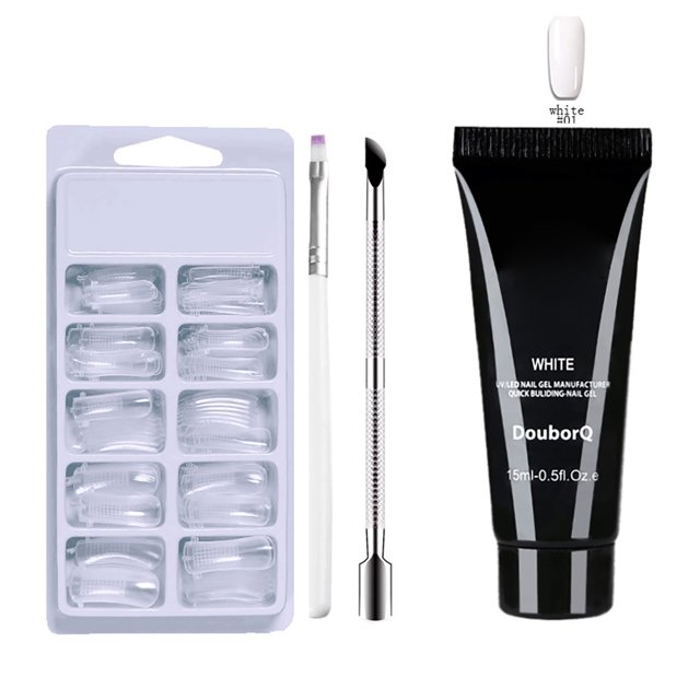DOUBORQ Kit completo para uñas con 100 moldes, empujador de acero, pincel y gel de 15ml en blanco - DouborQ