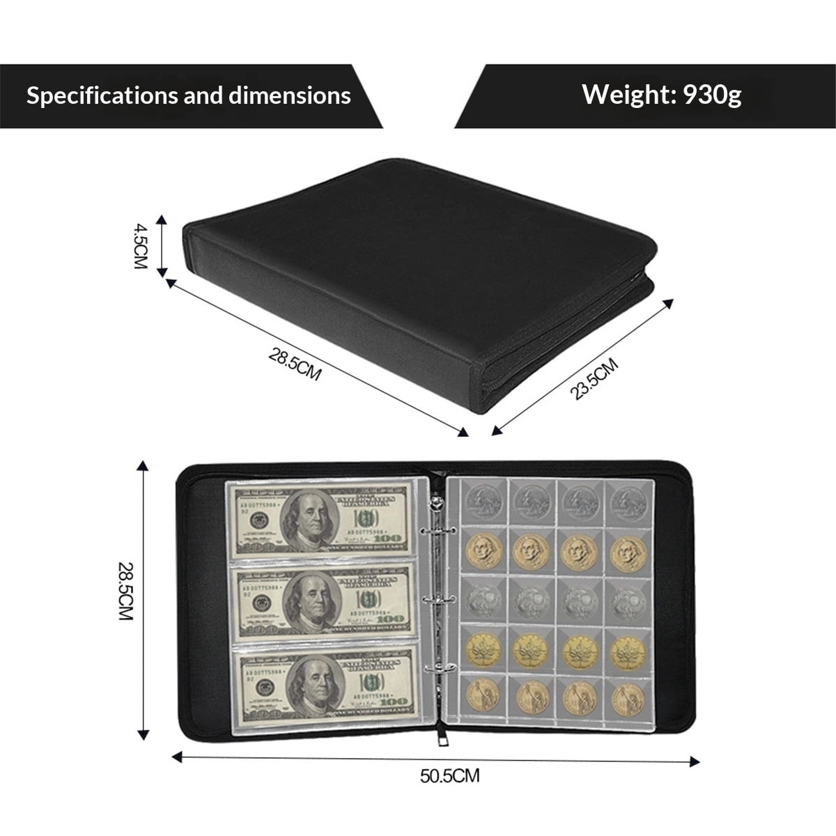 360Pockets Coin Currency Collection Book Holder for Collectors, Collection Album and 60 Sleeves Paper Money Banknote Binder, Coin Currency Collection Supplies, Black