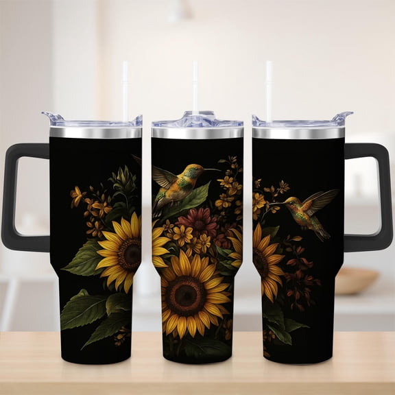 Sunflower and Hummingbird Stainless Steel Insulated Mug with Lid and Handle, 30oz