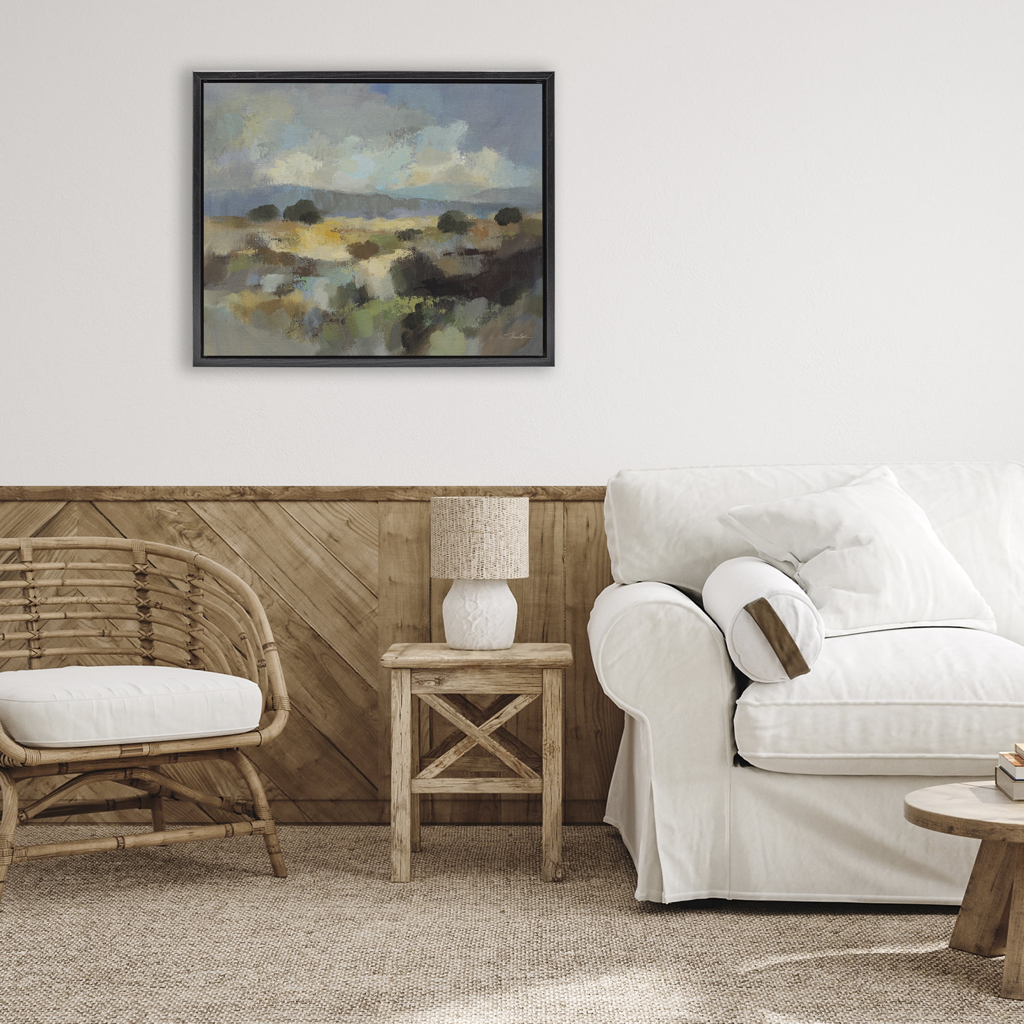 Stupell Industries Muted Blue Landscape with Clouds Black Framed Floater Canvas Wall Art, design by Silvia Vassileva
