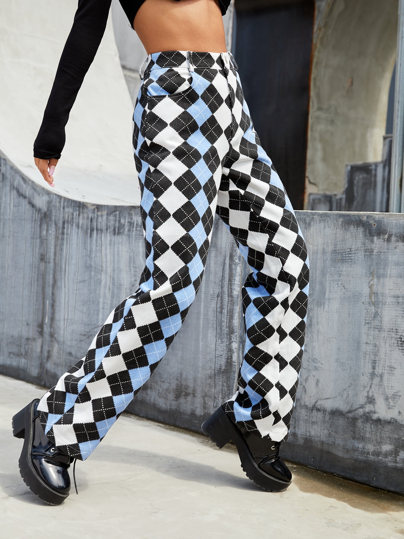 Women's High Waist Argyle Print Pants 