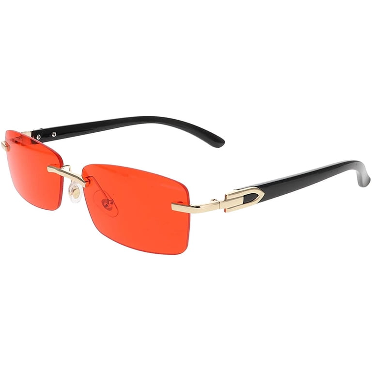 Slim Rimless Rectangular Metal & Wood Art Aviator Sunglasses 